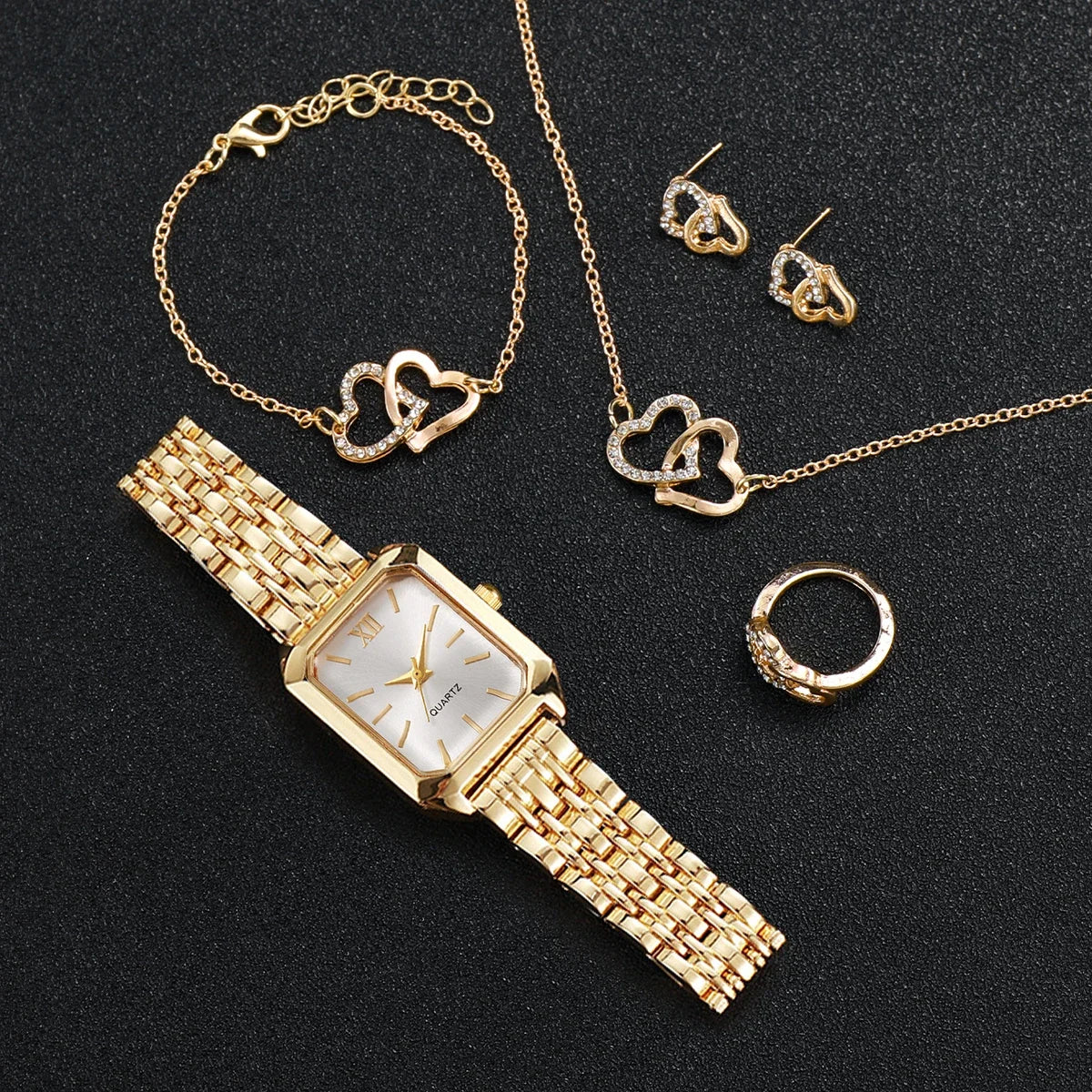 6PCS/Set Fashion Roma Dial Women Watches Ladies Rectangle Quartz Wristwatch Rhinestone Jewelry Set Reloj Mujer (Without Box) Qme