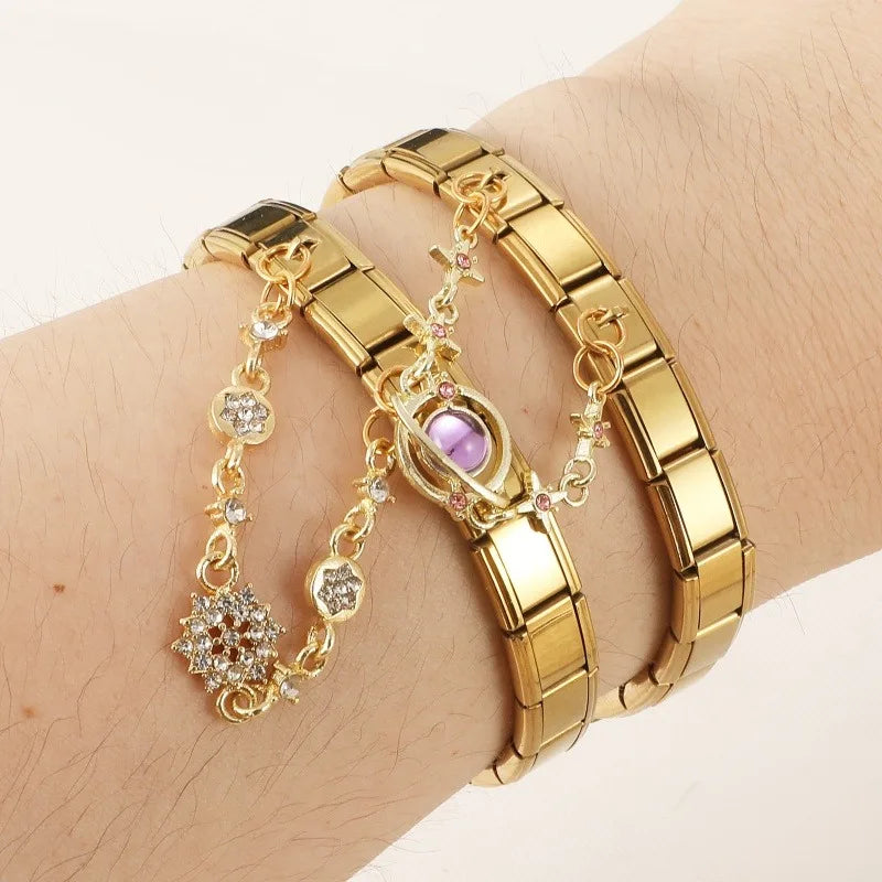 Y2K Gold Color Round Planet Pendant Tassel Chain Charm Italian Links Fit 9mm Stainless Steel Module Bracelet DIY Making Jewelrys Qme