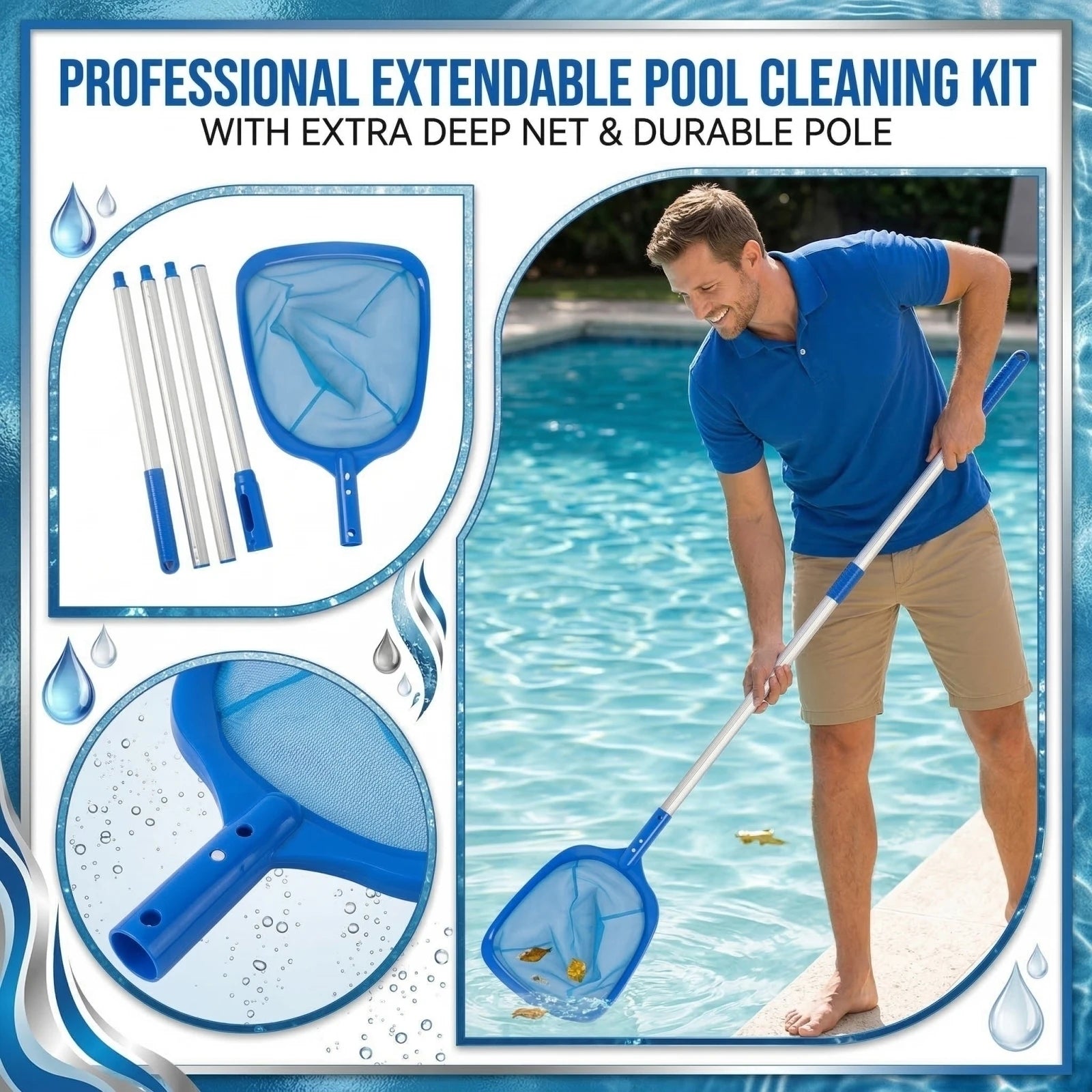 Swimming Pool Net Retractable Triangular Telescopic Folding Fishing Net with Telescopic Pole for Cleaning Water Deep Skimmer Net Qme White