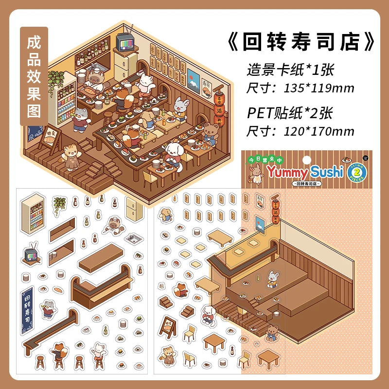 Cartoon 3D Landscaping Scrapbooking Stickers Miniature Scene DIY Cabin Scene Stacking and Pasting Hand Account Gift for Kid Qme A1