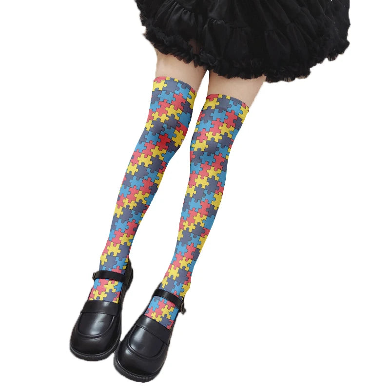 Novelty Puzzle Pattern Stockings Harajuku Sexy Plaid Knee Socks Qme style2 One Size