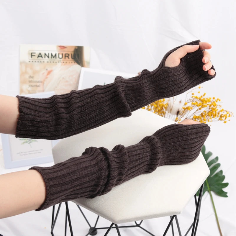 Women Long Fingerless Gloves Soft Female Glove Lolita Kawaii Mitten Qme Dark Grey length-52cm