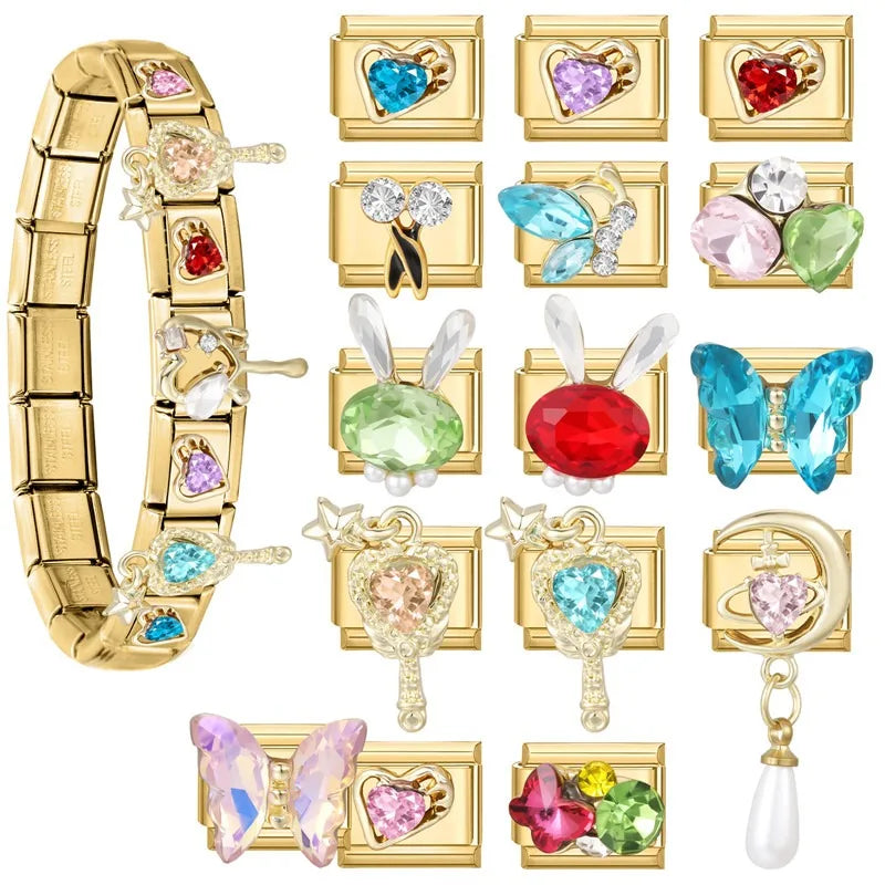 2026 Fashion Unique Colorful Luxury Gems Zircon Gold Color Italian Charm Links Fit 9MM Stainless Steel Bracelet DIY Making Gifts Qme