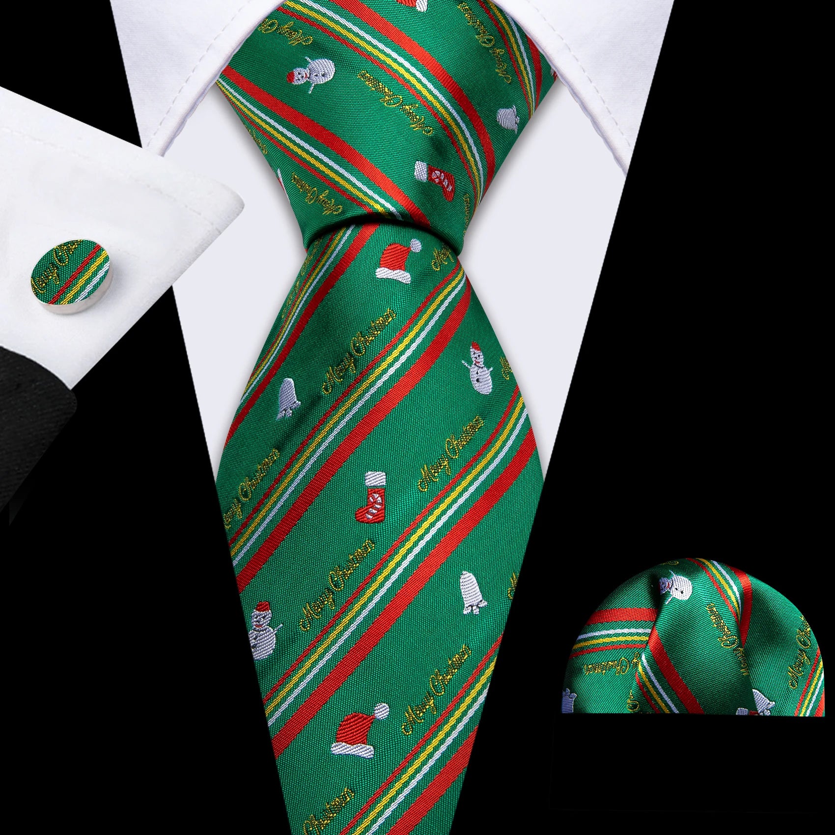 Christmas Green Tie Set 3 Pieces Men Necktie Pocket Square Cufflinks Xmas Wedding Party Suit Accessories Gifts for Dad Boyfriend Qme LDSN6600