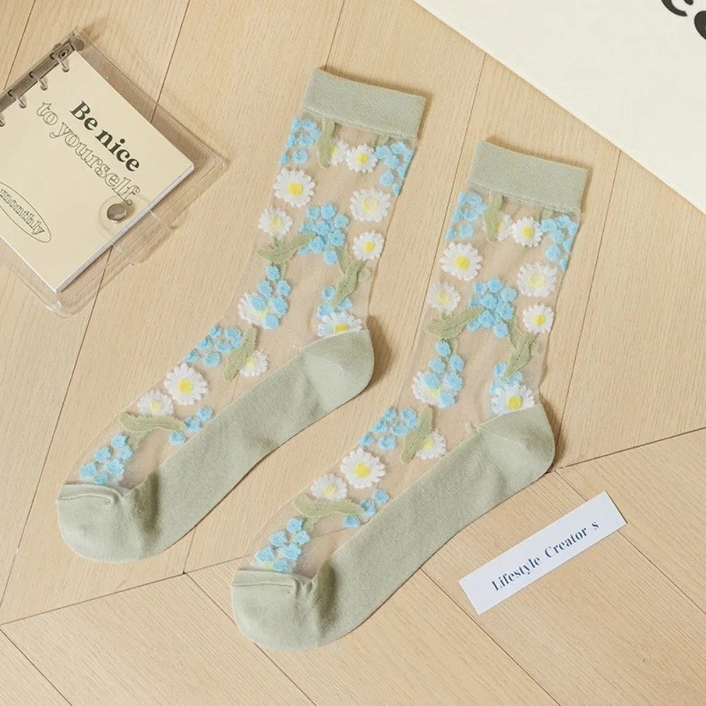 Cute Ultra-Thin Floral Embroidery Socks Crystal Silk Tulle Fabric Mesh Lace Socks Transparent Nylon Long Socks Summer Qme