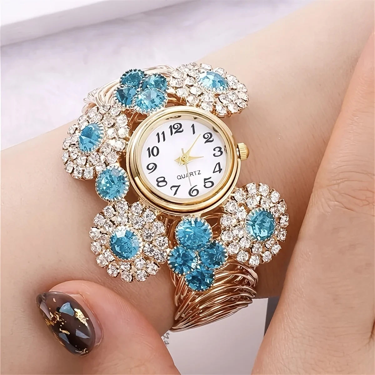 Rhinestone Flower Decor Quartz Bracelet Watch Boho Analog Cuff Bangle Dress Watch, Gift For Mother's Day Valentine's Day Qme