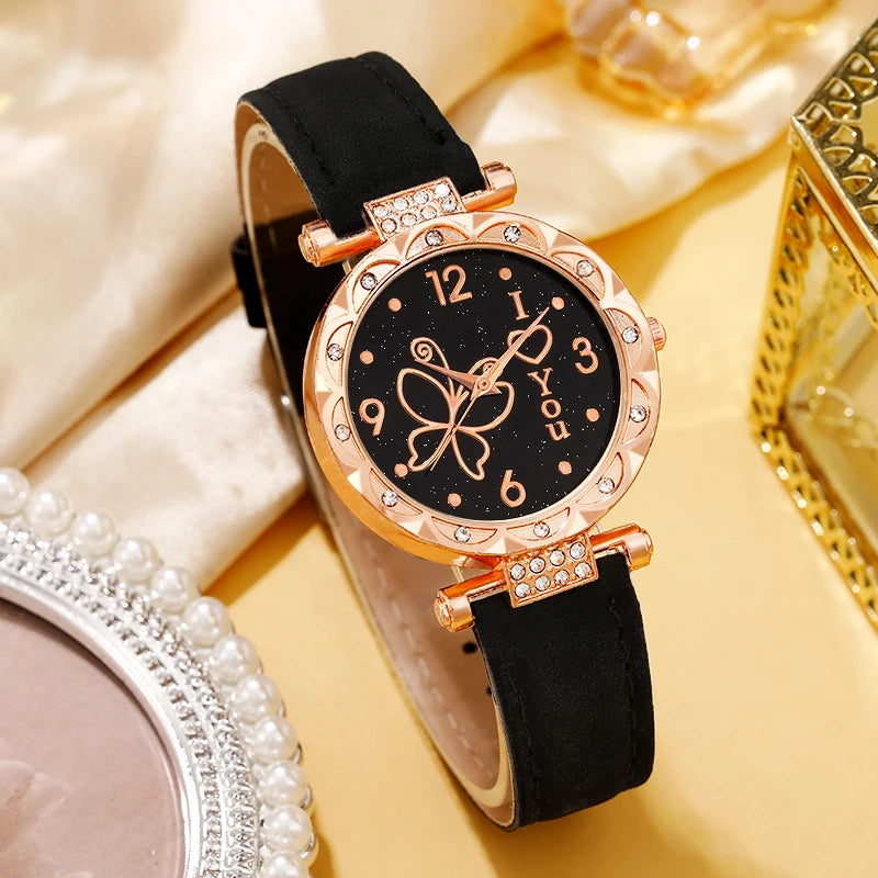 Women's watch with minimalist elements dialing quartz watch latex belt jewelry set for girls' gift Qme
