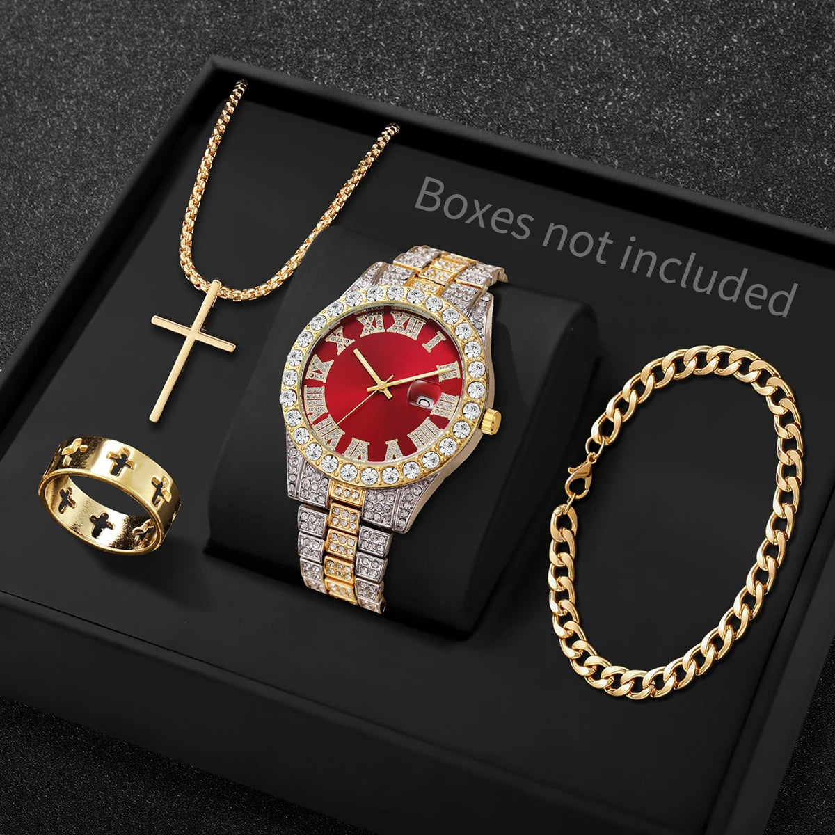 Men Iced Out Watch 4Pcs Jewelry Set Cross Necklace Ring Cuban Bracelet Hip Hop Gift Qme Red A Without Box