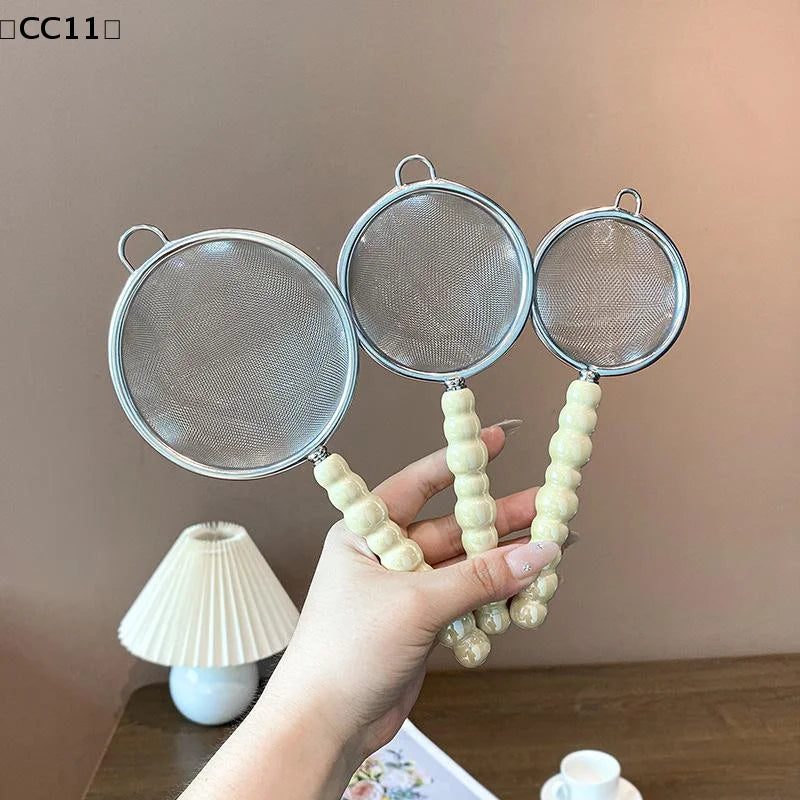 Tea Strainer Pearl Ceramic Handle Stainless Steel Fine Leak Mesh Qme