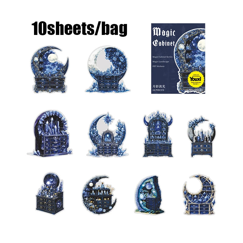 10 Sheets/bag Magic Cabinet PET Stickers for Scrapbooking DIY Journal Planner Collage Art Phone Case Notebook Decoration Qme 3