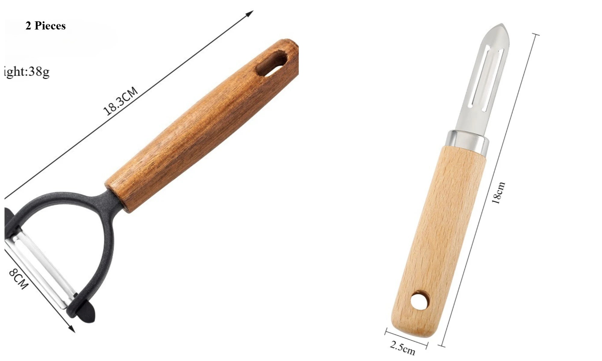 2-Piece Wooden Handle Stainless Steel Peeler,Straight & D-shaped Fruit Vegetable Melon Planer,Wooden Grip Peeling Kitchen Tool Qme Round-S-2Pcs