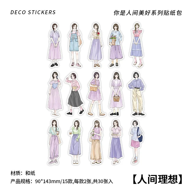 30Pcs/pack Creative Korean Cartoon Character Stickers DIY Manual Diary Scrapbook Materials Cute Stationery Stickers Qme B