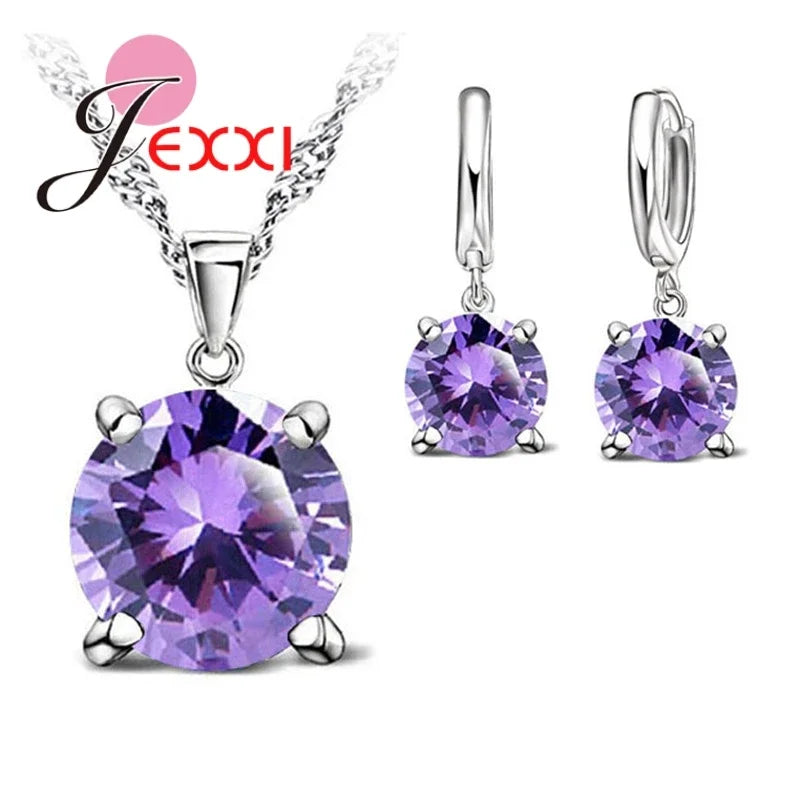 Hot Selling 4 Claws Cubic Zirconia CZ 925 Sterling Silver Color Jewelry Sets Pendant Necklace Earring for Women Wedding Sets Qme Purple