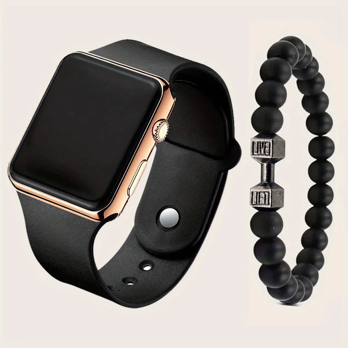 Men's Black Electronic Watch & 1pc Beaded Bracelet Qme Rose