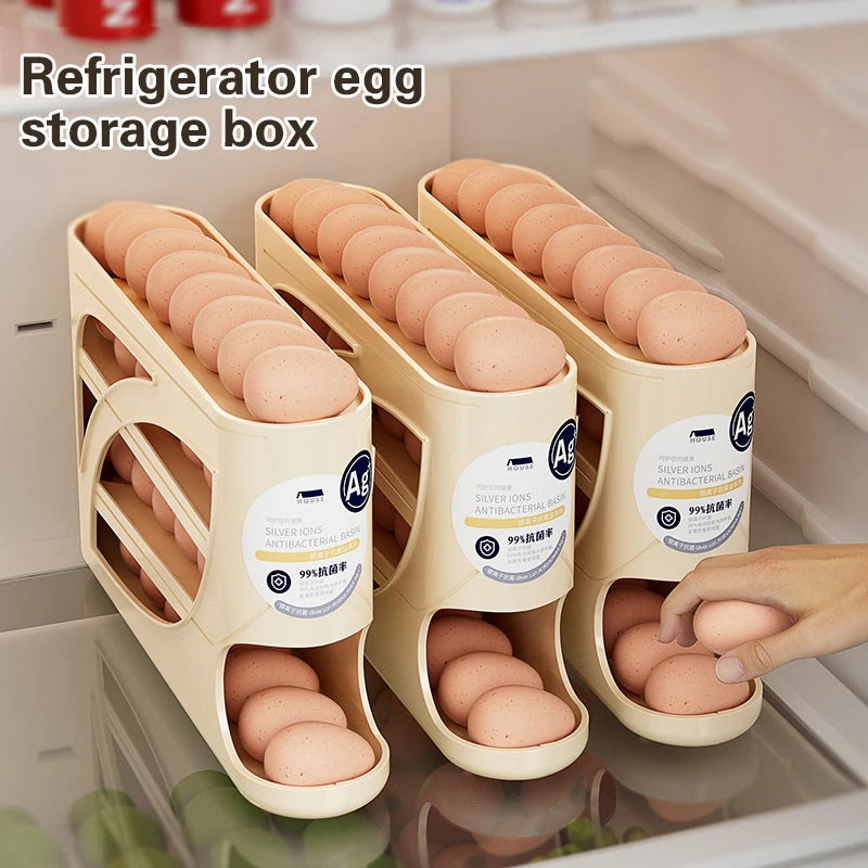 4 Layers Automatic Rolling Egg Holder Rack Fridge Storage Box Qme