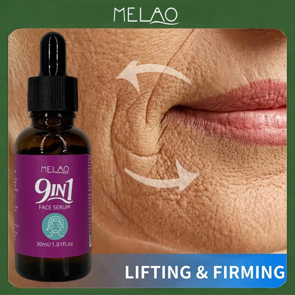 MELAO 9 IN 1 Anti Aging Face Serum with Hyaluronic Acid & Vitamin C, Reduces Wrinkles, Dark Spots & Pores, Brightens Firms Skin Qme