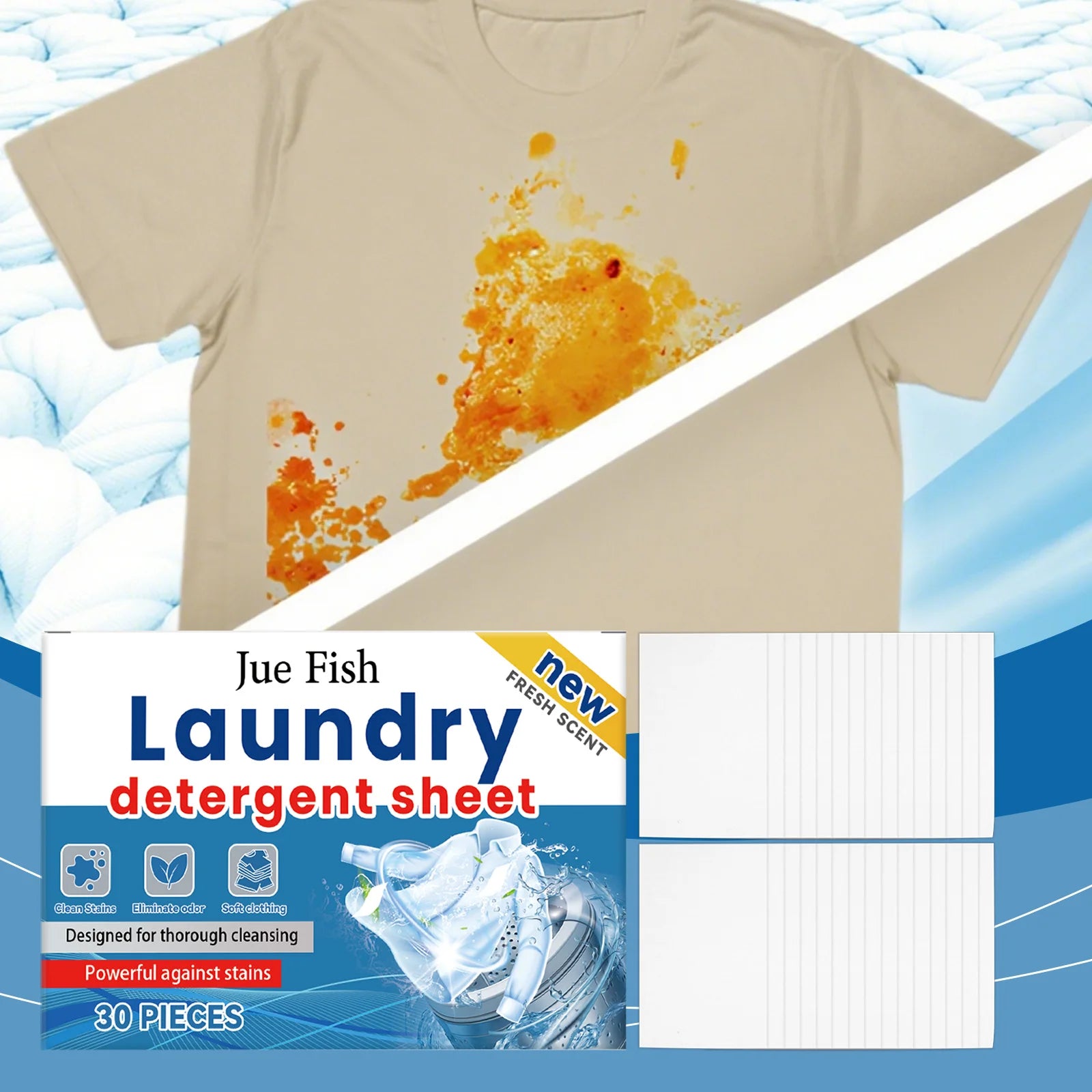 Jue Fish Laundry Detergent (30 Pieces) - Gentle on Skin, Powerful Stain Removal for Daily Clothing Qme