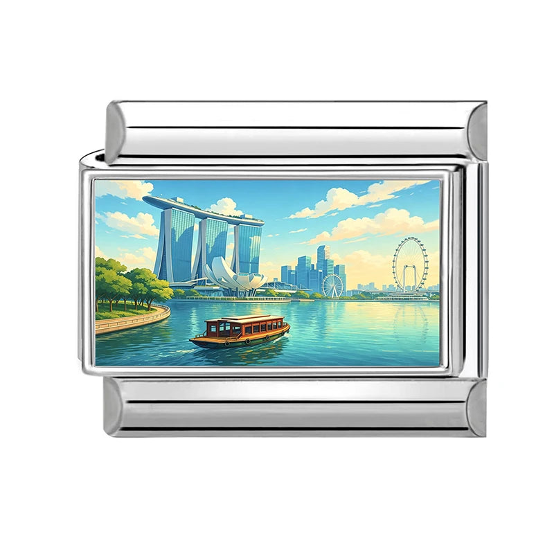 Fashion Colored Color Charm Ferris Wheel Lake City Scenery Italian Link Fit 9mm Stainless Steel Bracelet Jewelry Making DIY Gift Qme Style 3
