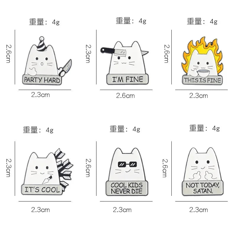 Cartoon Cat Enamel Pin I'm Fine Quote Metal Cute Animals Knife Badge Lapel Clothes Brooch Jewelry Gift Backpack Gift for Friends Qme set