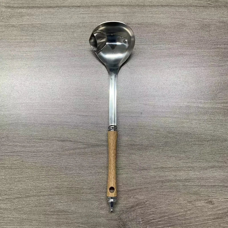Stainless Steel Wooden Handle Soup Spoon Strainer Household Pot Ladle Qme oil filter spoon