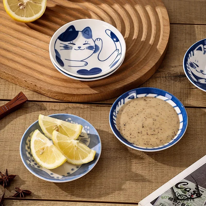 Sauce Dishes Sushi Plate Tableware Japanese Style Ceramic Dessert Creative Cute Cartoon Lucky Cat Pattern Water Drop Shape Plate Qme
