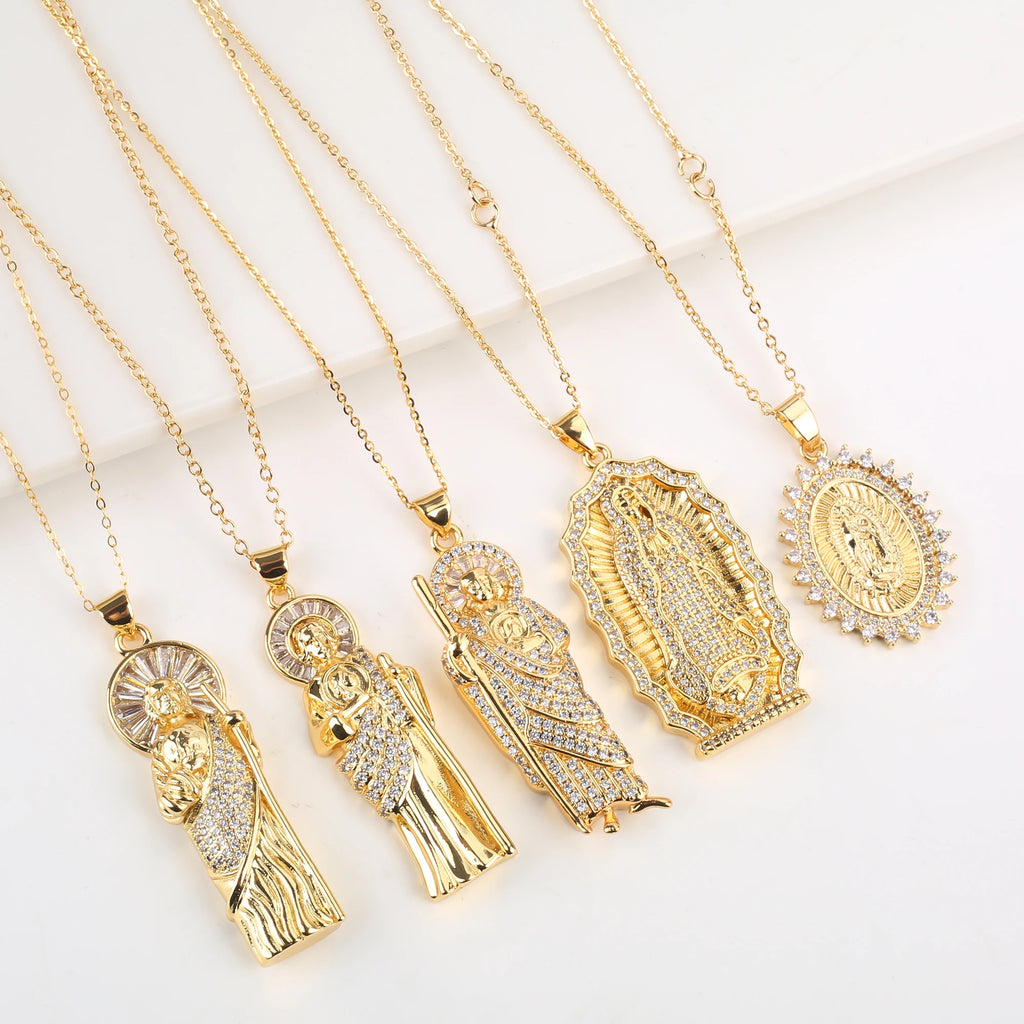 Luxury Shiny Cubic Zirconia Gold Plated St. Jude Pendant Necklace Classic Religious Characters Jewelry Choker for Men Women Qme