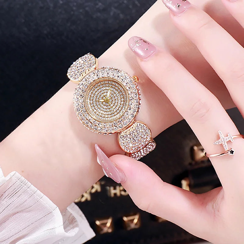 Women's Watch Luxury Rhinestone Quartz Bracelet Watch Sparkling Fashion Analog Party Dress Wrist Watch Qme Rose No