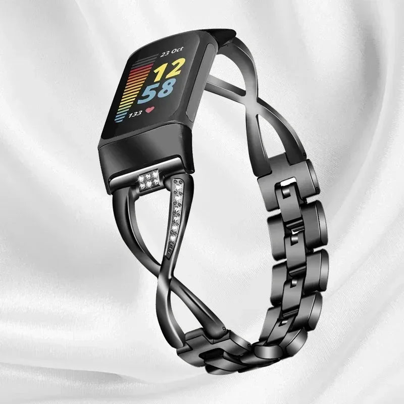 Fashionable Watch Band for Fitbit Charge 5 Smart Watch for Charge 5 Wrist Bracelet Band Zinc Alloy Diamond Strap Correa Metal Qme Black For Fitbit Charge 5