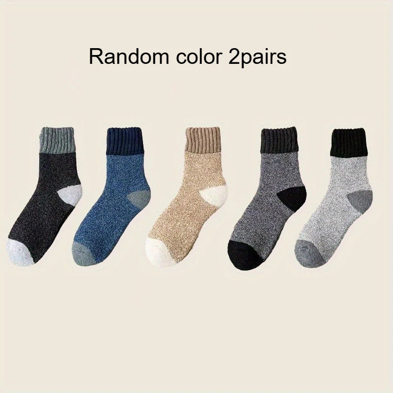 Men Wool Thermal Crew Socks Thick Fleece Lined Color Block Knit Winter Warm Socks For Cold Weather Daily Outdoor Wear Qme Random color 2pairs One Size