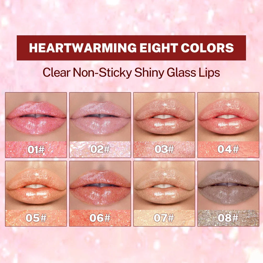 QIBEST 8 Colors Glitter Lip Gloss Makeup Sets Lasting Shiny Shimmer Lip Glaze Makeup Lip Tint Moisturizing Lip Balm Oil Lipgloss Qme