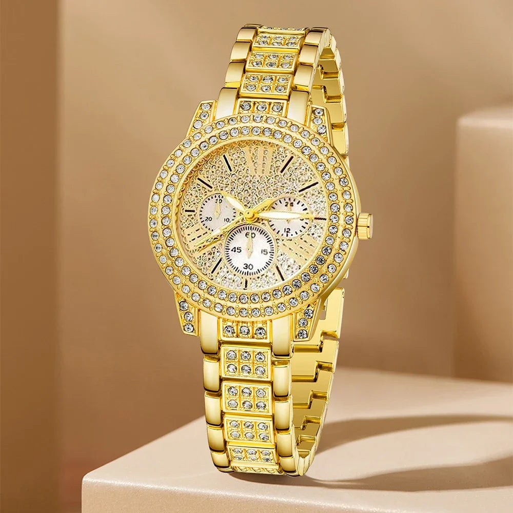 Women's Quartz Watch Gold Luxury Women Ring Necklace Earring Rhinestone Fashion Wristwatch Casual Ladies Watches Jewelry Set ﻿ Qme