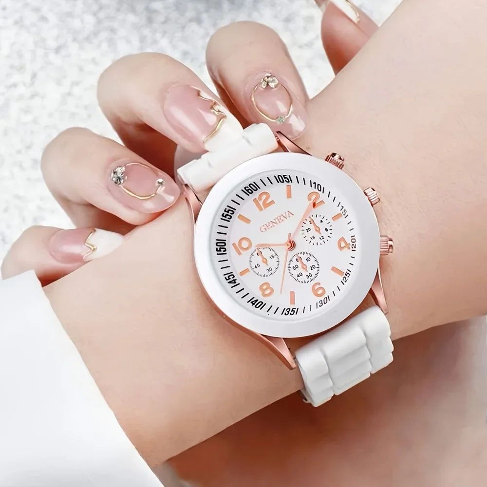 2Pcs Luxury Women's Watch Set Fashion Luxury Elegant Alloy Wristwatch Silicone Strap Couple Watch Men Quartz Holiday Gifts Qme Single white