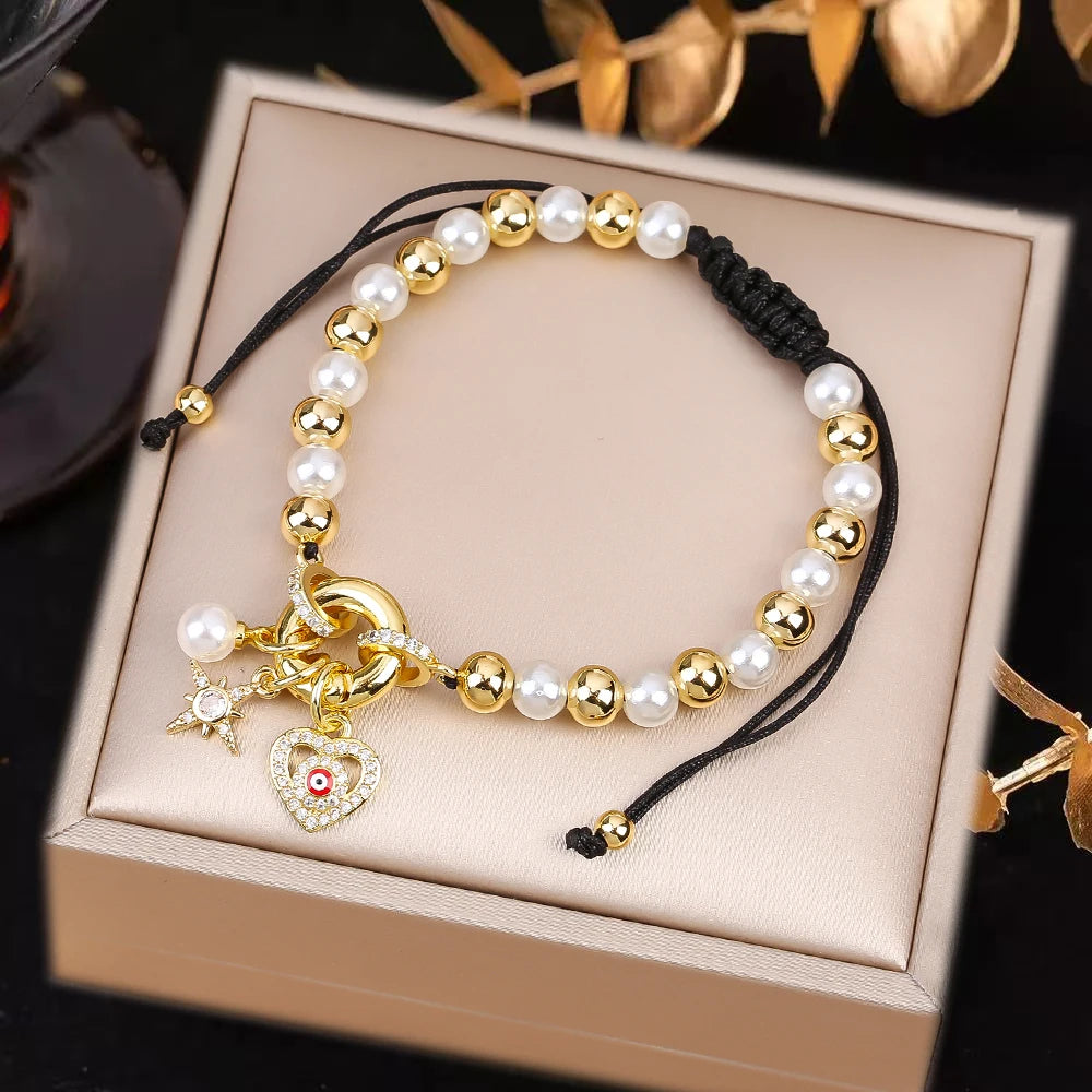 Black Rope Braided Pearl Evil Eye Copper Bead Chain Bracelet Personalized For Man Woman Birthday Holiday Jewelry Prayer Gift Qme F