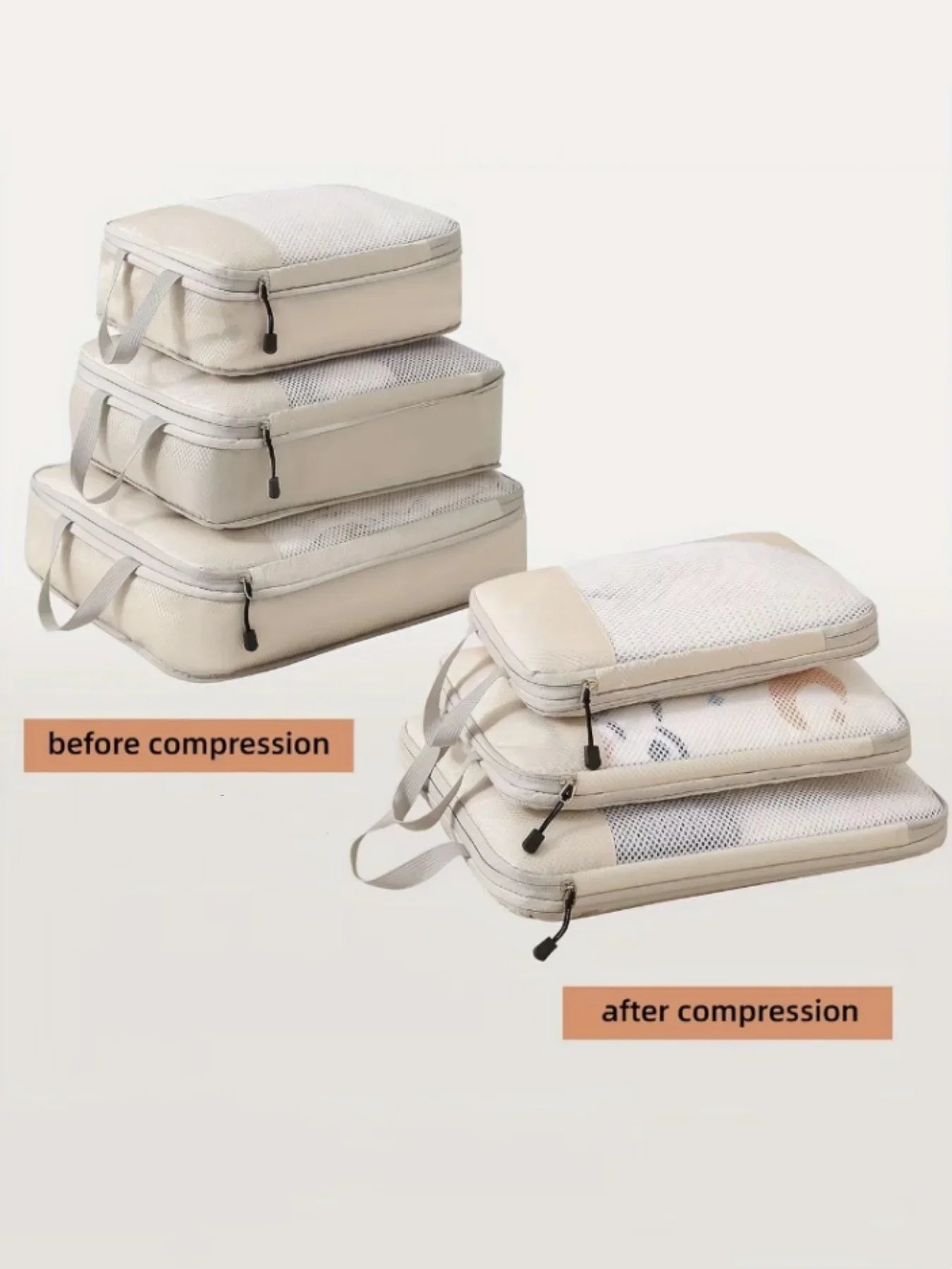 3pcs Travel Compression Bags Clothing Storage Bag Lightweight Travel Organizer Cubes Multifunctional Travel Essentials Qme Beige