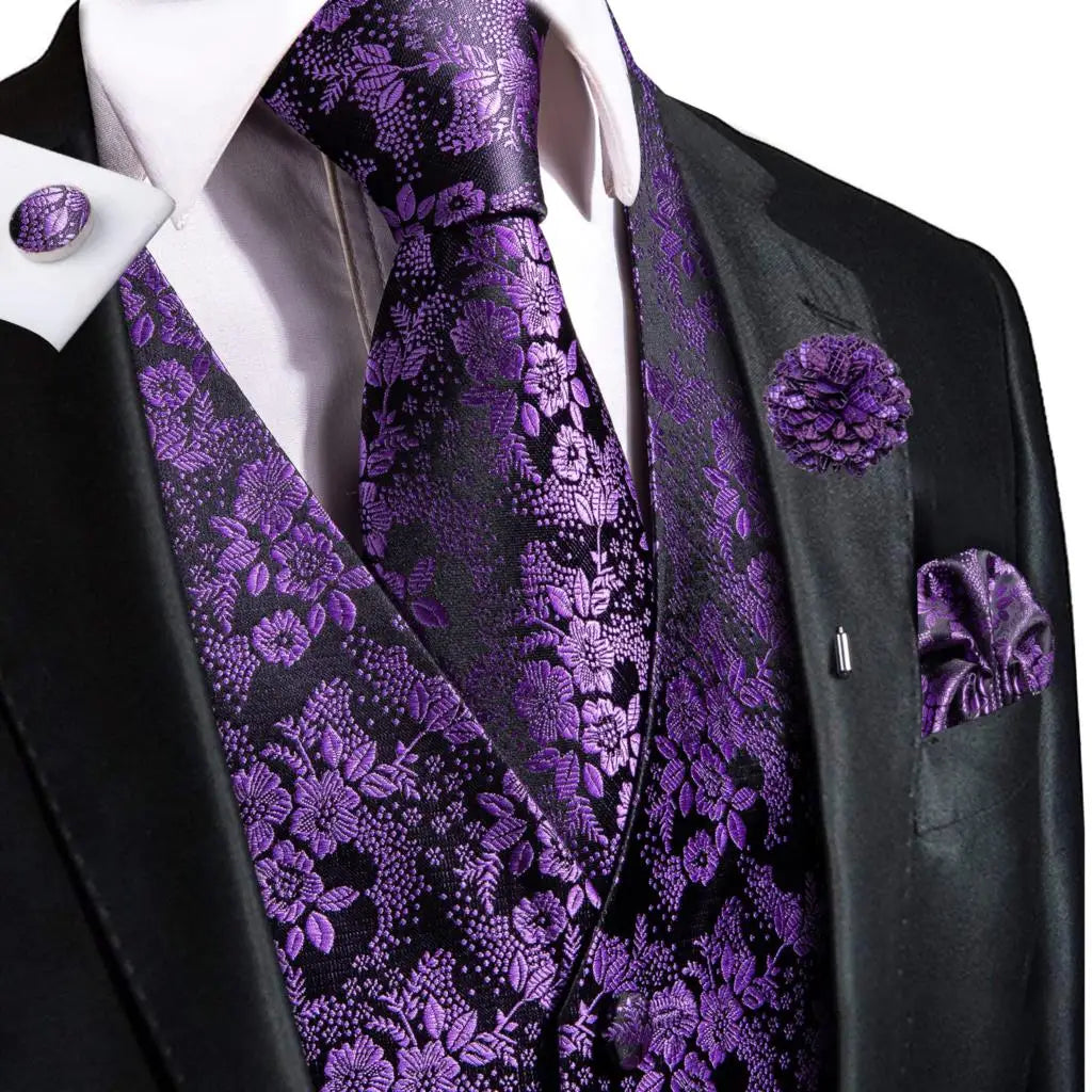 Mens Vests Jacquard Waistcoat Neck Tie Hanky Cufflinks Brooch Men