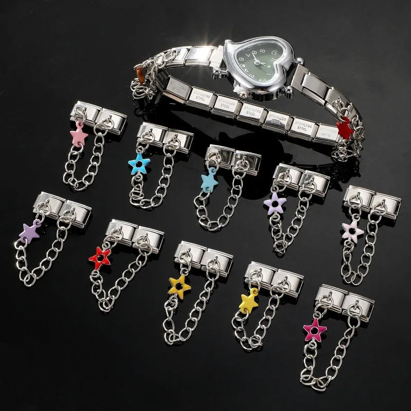 Wholesale Fashion Colour Stars Tassel Chain Module Italian Charm Bracelet Fit 9mm Hand Chain Stainless Steel DIY Jewelry Making Qme