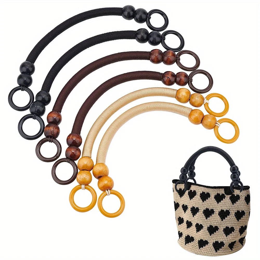 Wooden Bead Bag Handles, Retro Woven Nylon Rope Handbag Straps, Replacement Handles For DIY Crochet & Straw Bags, 3 Colors Qme