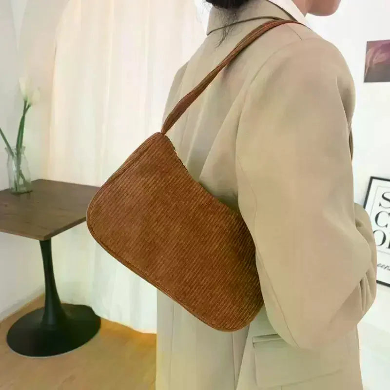 Corduroy Underarm Bag for Women: Solid Color Simple Western Style Spring/Summer Small Square Shoulder Bag for Casual Outfits Qme