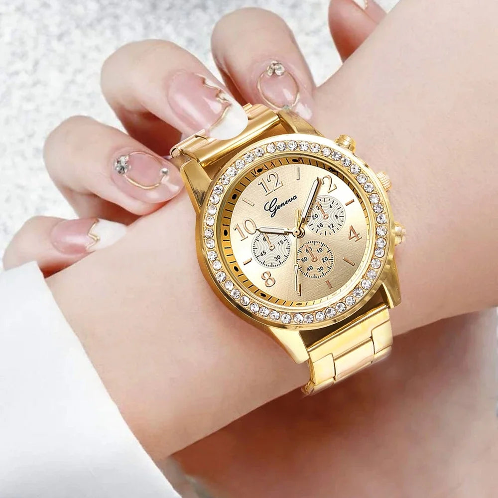 6PCS Set Luxury Watch Women Ring Necklace Earrings Rhinestone Fashion Wristwatch Female Casual Ladies Watches Bracelet Set Clock Qme