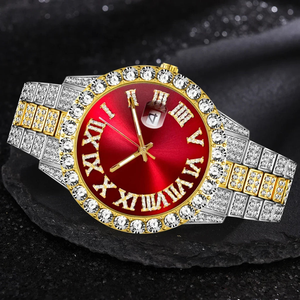 A08095-2 Full Faux Diamond Iced Out Steel Strap Large Dial Quartz Watch Hip Hop Watch Qme
