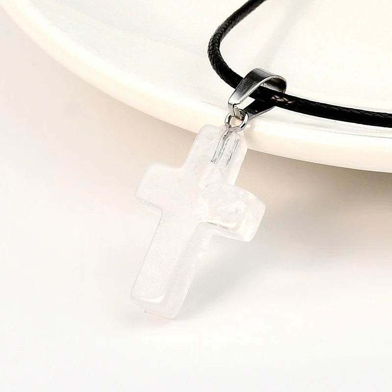 Natural Stone Cross Pendant Necklace, Colorful Punk Rock Style, Street Cool Vintage Y2K Goth Hip Hop Jewelry for Men and Women Qme A6