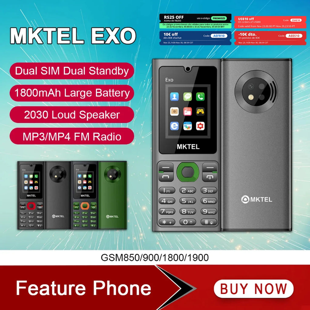 MKTEL EXO Feature Phone Senior Mobile Phone Dual SIM Dual Standby 1.77" Display GSM MP3 MP4 FM Radio Strong Torch Loud Speaker Qme