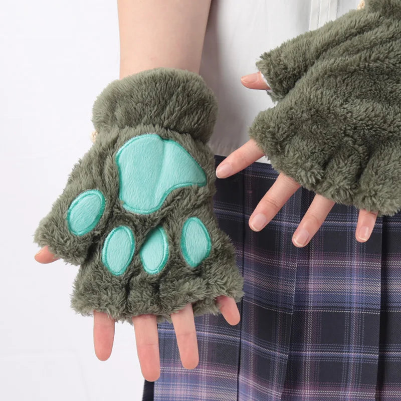 Women Cartoon Cat Claw Gloves Thickened Plush Lovely Bear Paw Exposed Qme