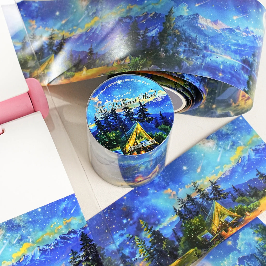 Watercolor Landscape Theme PET Tape 1 Roll for Scrapbooking DIY Scrapbook Collage Material Phone Case Notebook Decoration Qme