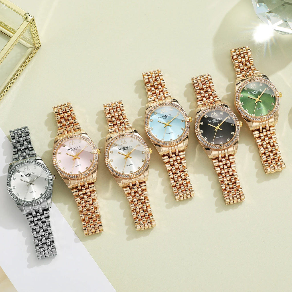 Classic Women's Quartz Watch Collection, 6 Styles with Crystal Bezel, Fashion Accessory Set Qme