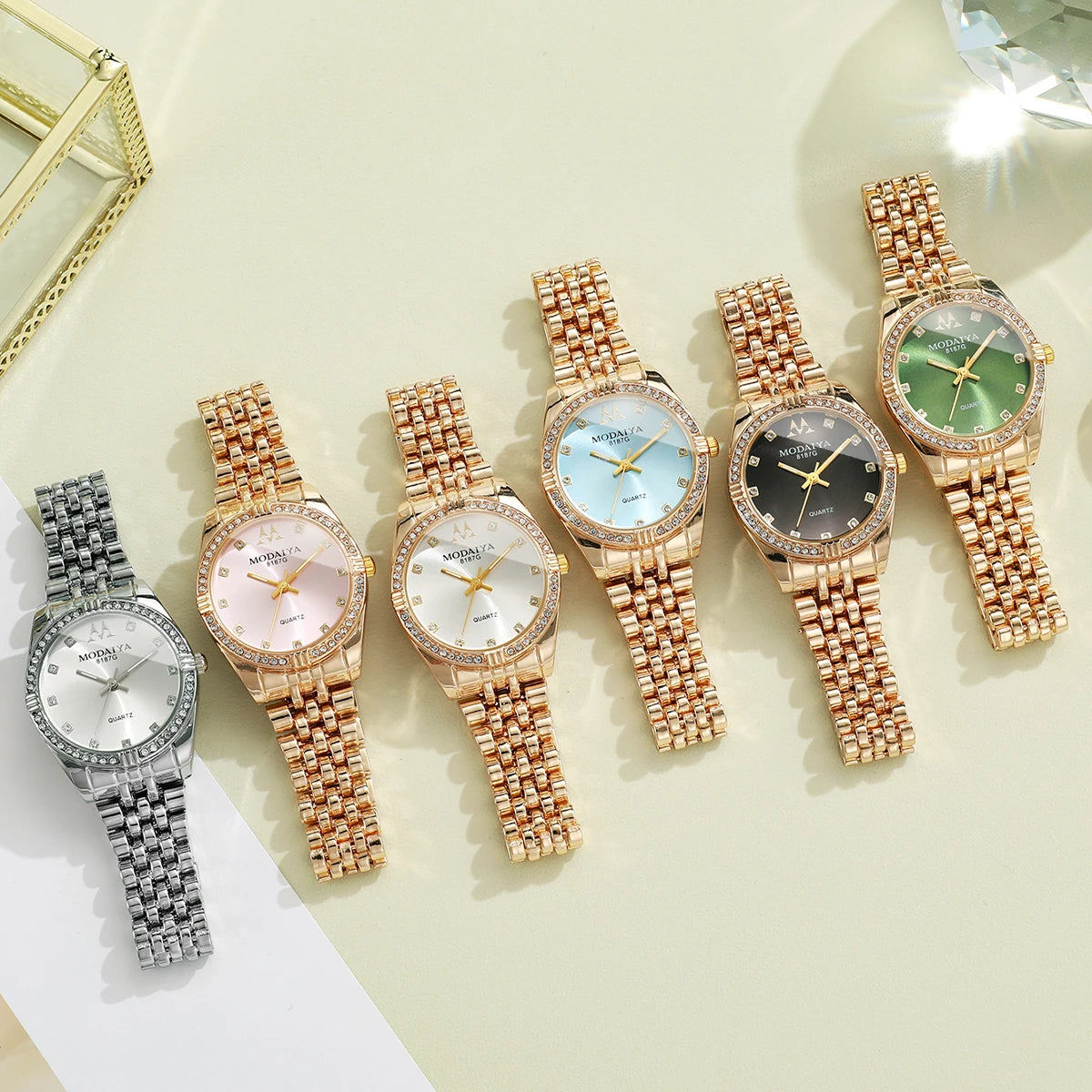 Classic Women's Quartz Watch Collection, 6 Styles with Crystal Bezel, Fashion Accessory Set Qme
