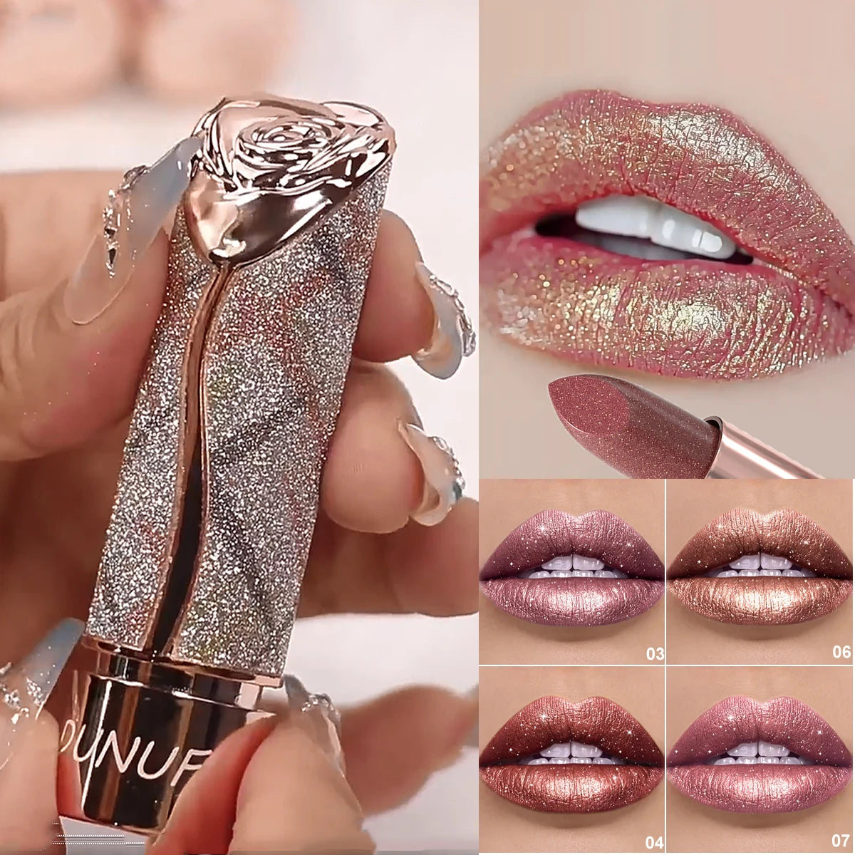 Rose Floral Diamond Lipstick Pearlescent Shimmer 3D Metallic Matte Smooth Creamy Sparkling Lipstick For Daily Party Makeup Qme