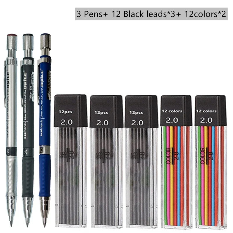 2.0mm Mechanical Pencil Set with 2B Black/Colors Lead Refill for Writing Sketching Art Drawing Painting School Automatic Pencil Qme Mix color set D