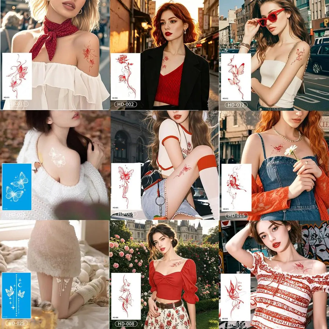 A Temporary Tattoo Retro Red Sticker Watercolor Butterfly Decor Body Arm Art Paster Face Bady Tattoo Waterproof DIY Paster Qme 9pcs HD-002HD025