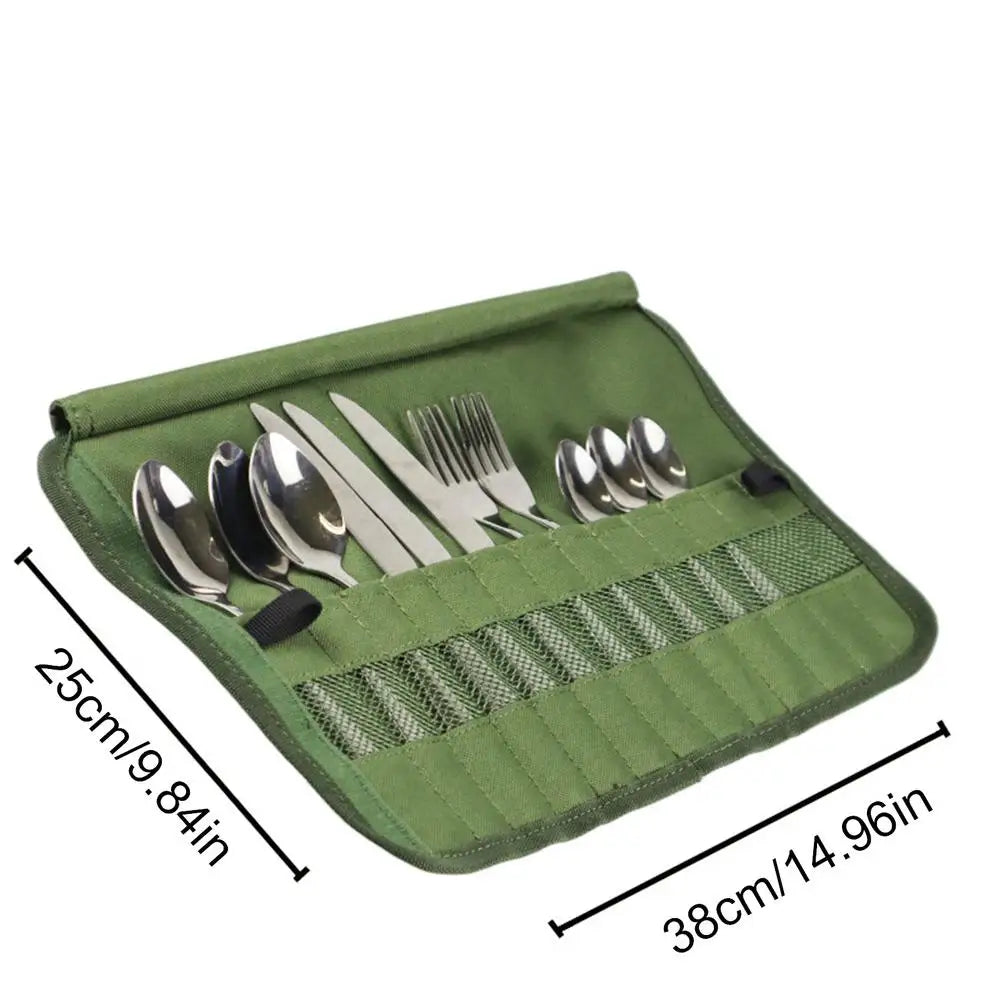 Camping Cutlery Roll Bag Kitchen Cooking Utensil Set Travel Organizer Multi-function Cutlery Pouch Holder Forks Spoons Chopstick Qme Army Green